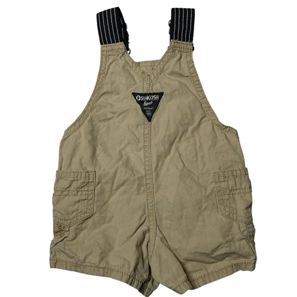 OshKosh B’gosh Boys 3M Khaki Shortall Overalls Tan Cotton Adjustable Straps